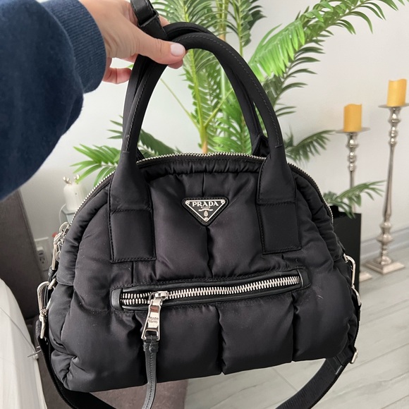 Prada Handbags - Prada Black Quilted Nylon Dome Satchel with Silver Hardware